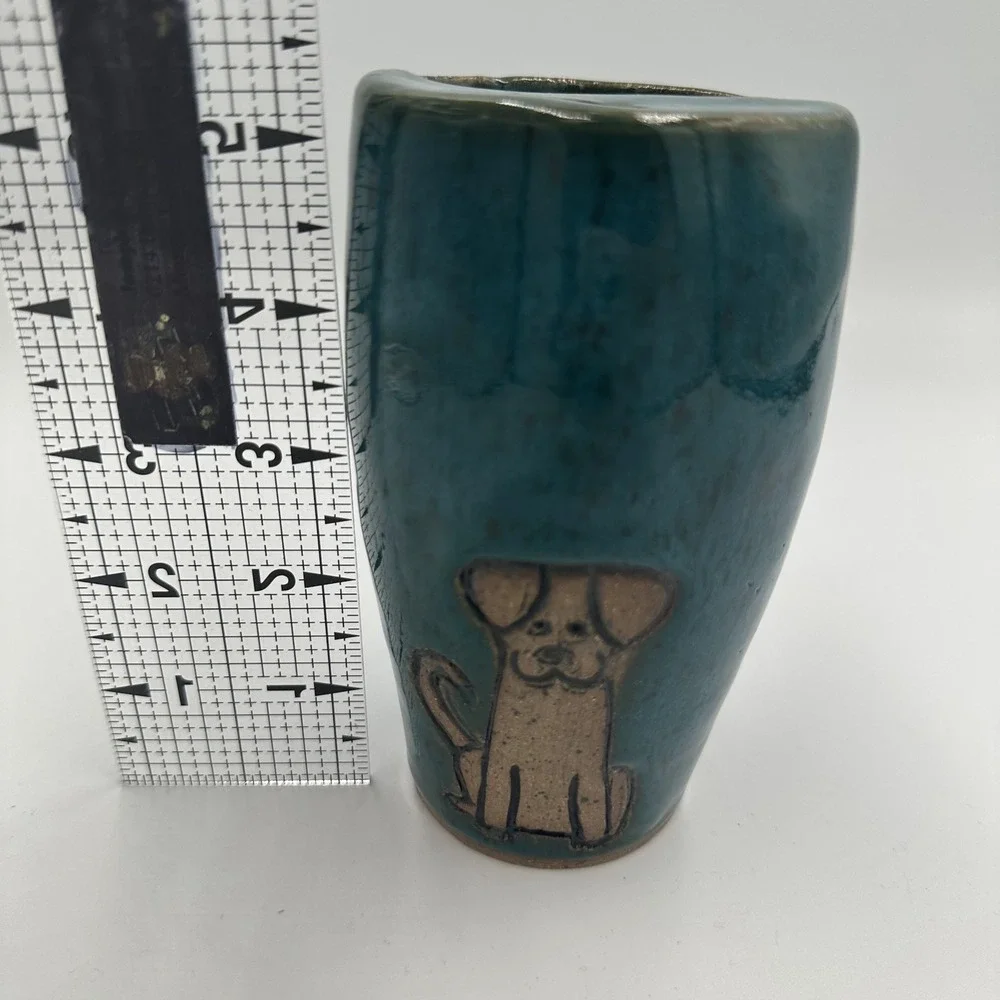 Handmade Pottery Vase Tootbrush Holder Teal Blue Dog Accent‎ Signed K. Mosby